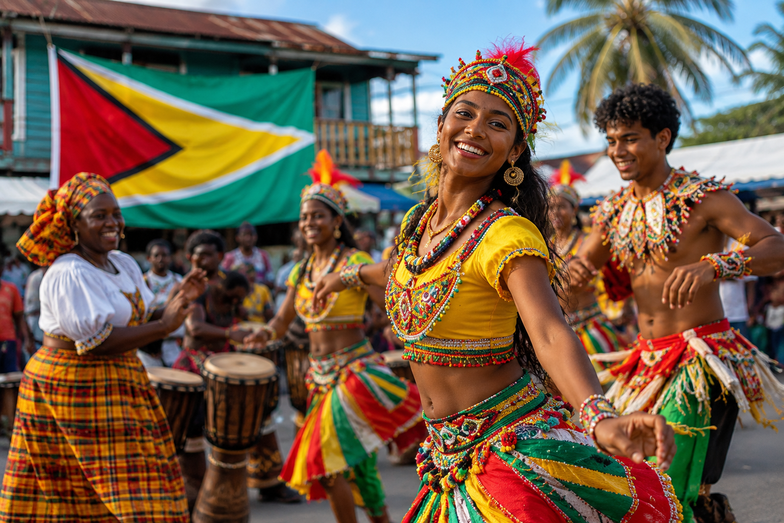 Guyanese cultural celebration with traditional dancers and flag