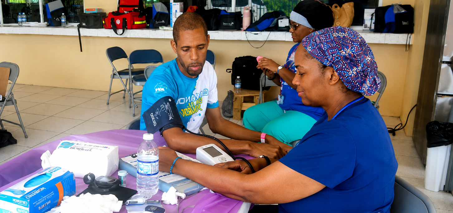 Hope for Humanity nurse taking blood pressure reading at community clinic