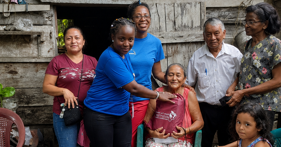 Hope for Humanity volunteers in blue shirts posing with local family during home visit