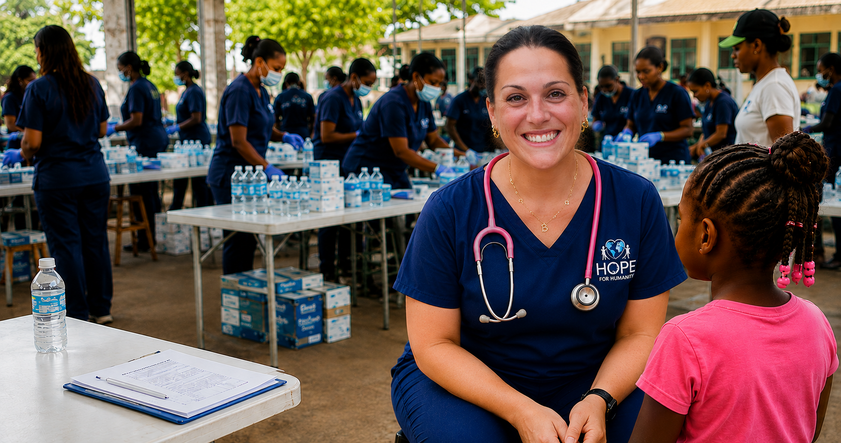 Hope for Humanity nurse smiling with child at large community health clinic