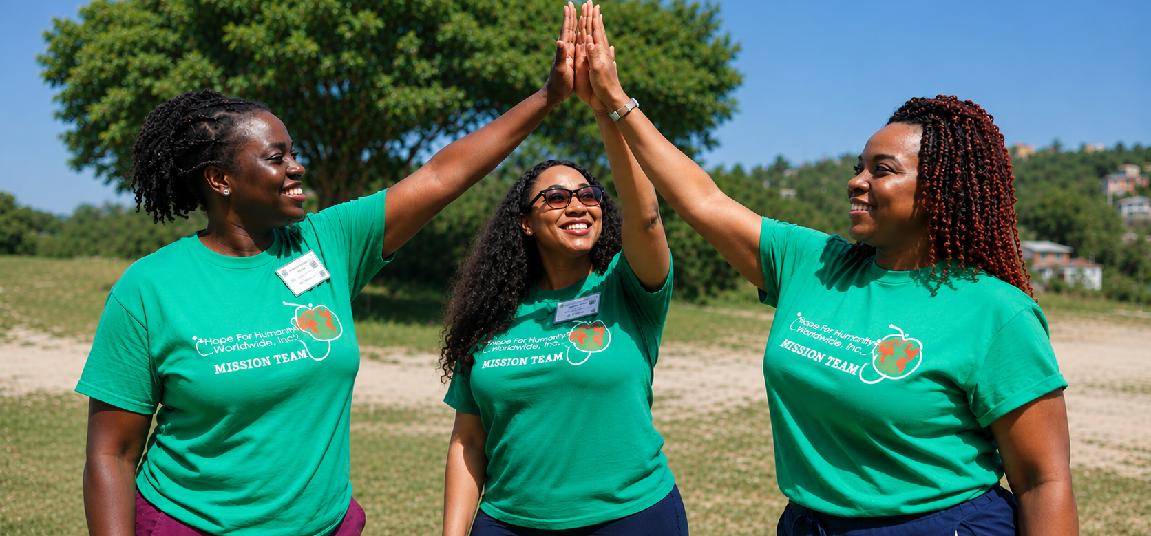 Three Hope for Humanity mission team members in green shirts high-fiving outdoors
