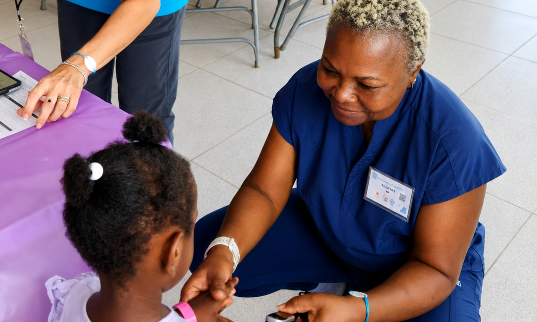 Hope for Humanity nurse in blue scrubs checking young girl with oximeter