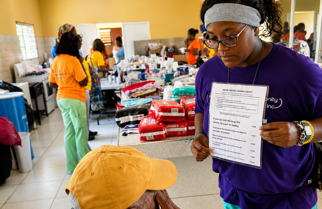 Hope for Humanity volunteer conducting near vision screening with patient